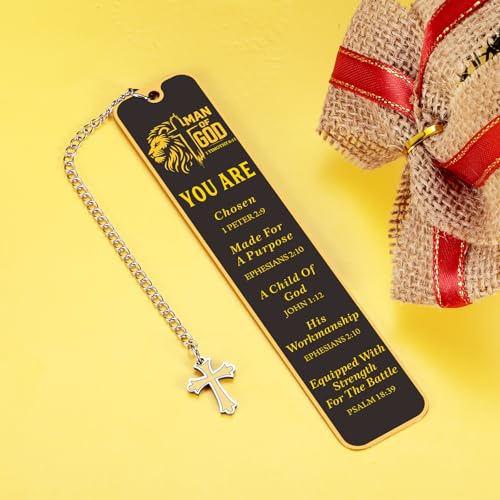 Christian Bookmark for Men, Inspirational Lion Bible Verse Bookmark with Cross Pendant, Religious Scripture Verse Bookmarks for Man Accessories Church Fathers Day Baptism Easter for Pastor Men - style: you are chosen