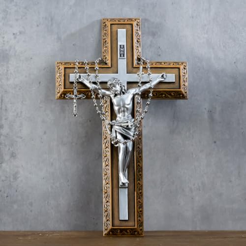 BC Catholic 12"H Crucifix Jesus Wall Cross with Stainless Steel Rosary - size: 12"L x 7.1"W