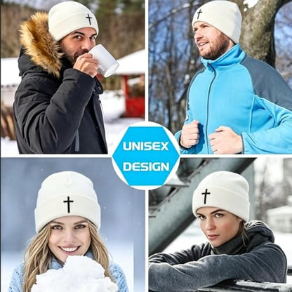 Unisex Stretch Warm Winter Skull Cap, Cold Weather Knit Beanie - color: White - 3d Cross Embroidery