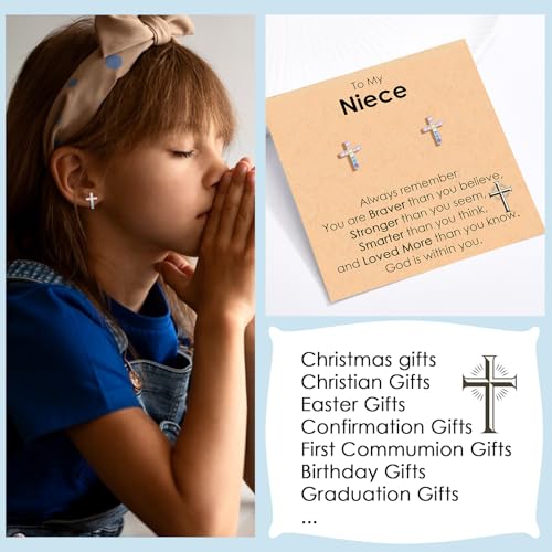 CERSLIMO Cross Earrings for Girls Kids, Christian Confirmation Communion Baptism Catholic Religious Christmas Birthday Inspirational Gifts for Women Teens Teenager Granddaughter Goddaughter - style: Niece Gifts