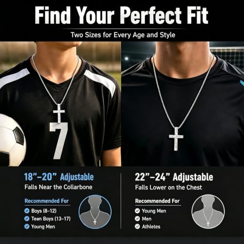 Cross Necklace for Boys Men, 2 PCS Soccer Cross Necklace Gift Set, 316L Stainless Steel Bible Verse Christian Jewelry Gifts for Boys Teens Men Soccer Players with Message Card, Gift Box, Black & Silver