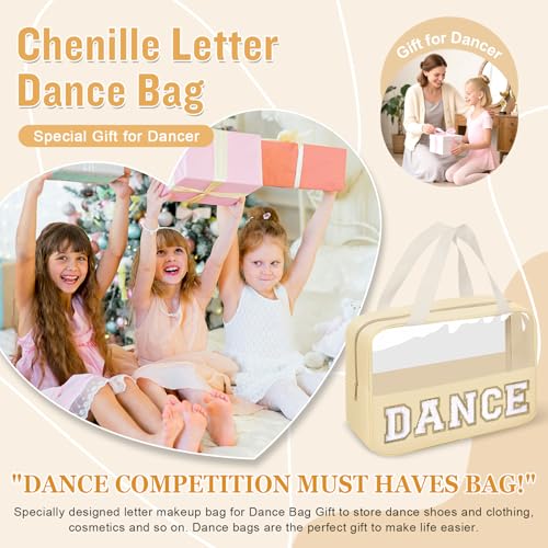 Dance Bag for Girls Chenille Letter Clear Makeup DANCE Stuff Bag,Toddler Dance Recital Gifts Ballet Cosmetic Zipper Pouch with Handle,Dance Competition Accessories Toiletry Storage Bag(DANCE-Beige) - color: DANCE-Beige