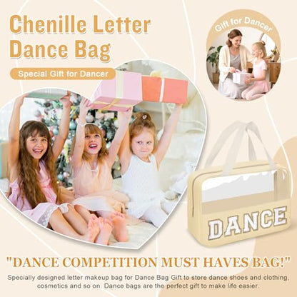 Dance Bag for Girls Chenille Letter Clear Makeup DANCE Stuff Bag,Toddler Dance Recital Gifts Ballet Cosmetic Zipper Pouch with Handle,Dance Competition Accessories Toiletry Storage Bag(DANCE-Beige) - color: DANCE-Beige