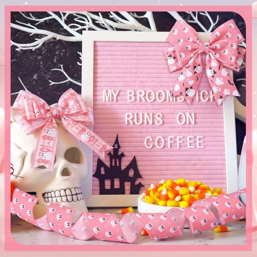 12 Rolls 60 Yards Pink Ghost Halloween Wired Ribbon for Wreath Bow - style: Pink Ghost