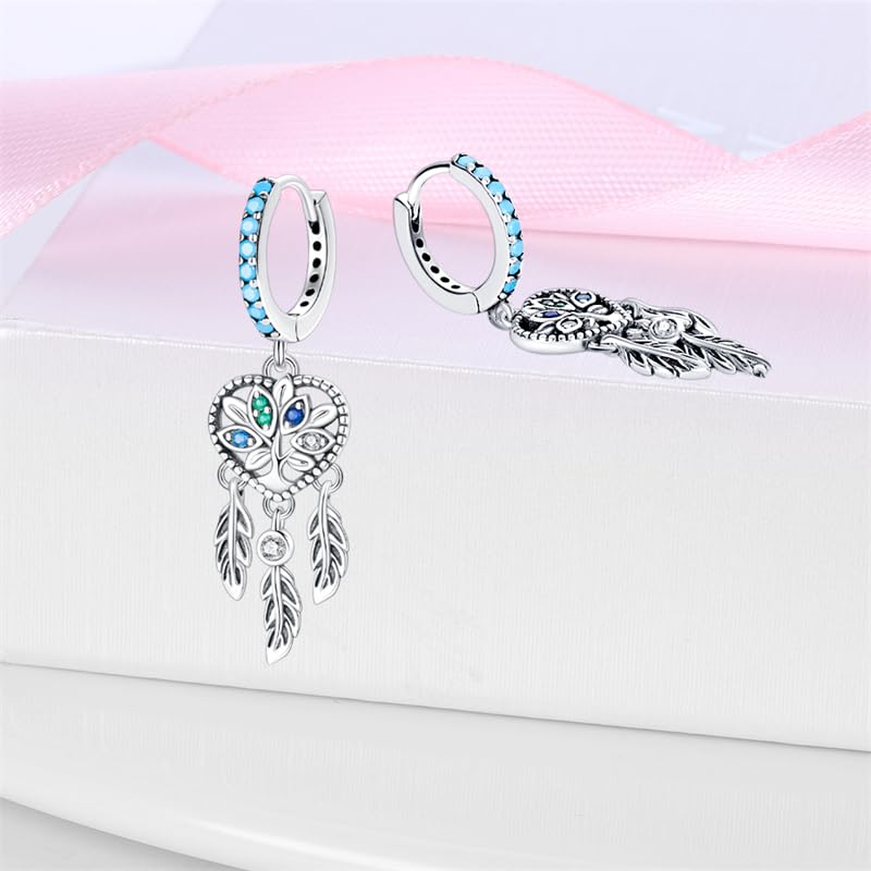 925 Sterling Silver Cute Animal Unique Huggie Hoop Earrings for Women - color: Tree of Life Dreamcatcher