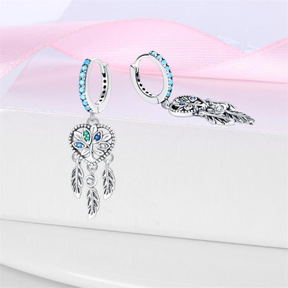 925 Sterling Silver Cute Animal Unique Huggie Hoop Earrings for Women - color: Tree of Life Dreamcatcher