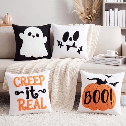 Mixweer 4 Pcs Halloween Pillow Covers Set, 18 x 18 Inch Embroidered Pumpkin Ghost Spooky Pillow Cases, Square Throw Cushion Cover, Fun Halloween Decor for Couch Sofa Bed Home - style: Halloween