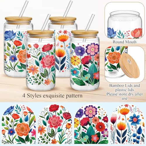 Mumufy 4 Pack Mexican Flower Glass Cup, 16 oz Tumbler Mug with Bamboo Lid - style: Mexican Flower