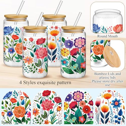 Mumufy 4 Pack Mexican Flower Glass Cup, 16 oz Tumbler Mug with Bamboo Lid - style: Mexican Flower