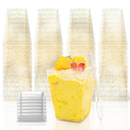 60 Pack (180 Pieces) Golden Glitter Dessert Cups with Lids and Spoons 5Oz Square Yogurt Parfait/Appetier Cups for Party, Plastic Dessert Shooter Cups for Ice Cream, Fruit, Jello and Pudding - size: 60 Cups+60 Lids+60 Spoons