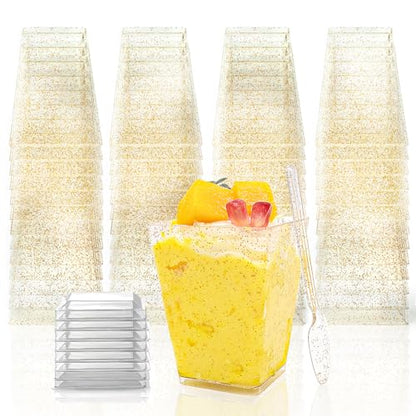 60 Pack (180 Pieces) Golden Glitter Dessert Cups with Lids and Spoons 5Oz Square Yogurt Parfait/Appetier Cups for Party, Plastic Dessert Shooter Cups for Ice Cream, Fruit, Jello and Pudding - size: 60 Cups+60 Lids+60 Spoons