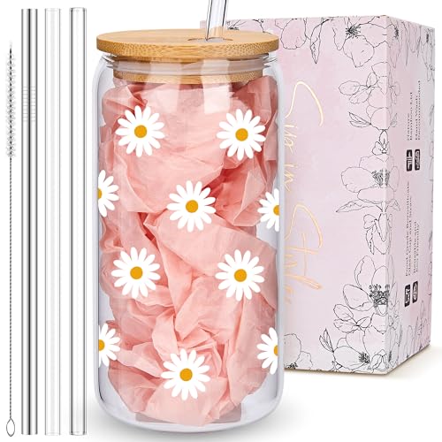 Cute Glass Cups with Lids and Straws, Daisy Flower Iced Coffee Smoothie Matcha Cup Tumbler Christmas Birthday Gifts for Women Sister Friend Her Preppy Teenage Girls Teen Girl Gifts Trendy Stuff Things