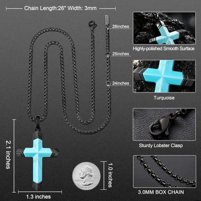 Lapis Lazuli/Amethyst Cross Necklace for Men Waterproof and Sweat-Resistant Suitable for both men and women With Adjustable Box Chain Christian Jewelry Father Day Gifts for Men - color: Black&Sky Blue