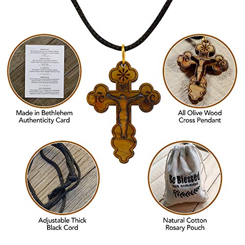 Most Original Gifts AUTHENTIC Bethlehem Olive Wood Eastern Cross Pendant in Natural Cotton Pouch with Christogram - Cross for Men & Women - style: Style-2
