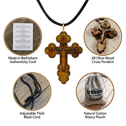 Most Original Gifts AUTHENTIC Bethlehem Olive Wood Eastern Cross Pendant in Natural Cotton Pouch with Christogram - Cross for Men & Women - style: Style-2