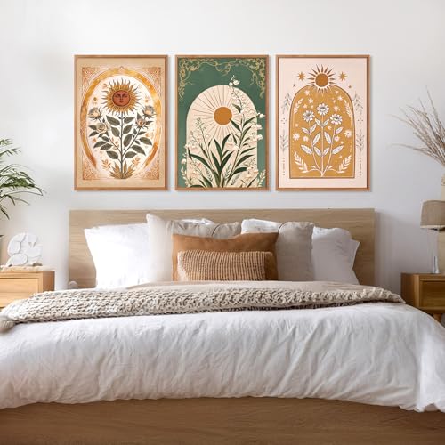 CHDITB Bohemian Floral Framed Canvas Wall Art Set, Nature Inspired Wall Decor, Boho Sun Art Spiritual Wall Painting, VintageArt Flowery Prints for Living Room, Bedroom, Office-Large Size 16"x24"x3 - color: Boho Flower, size: 16"L x 24"W