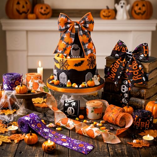 12 Rolls 60 Yards Halloween Fall Wired Ribbon for Wreath Bow Craft - style: Fall and Ghost