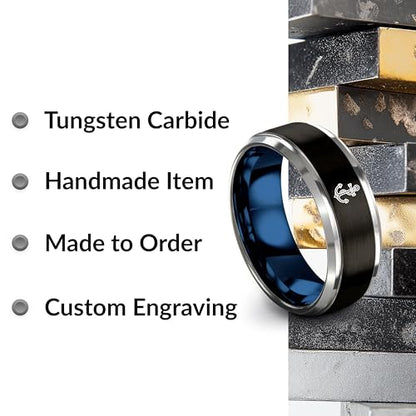 Gift for Nautical Fan - Anchor With Rope Ring - Men Women - Tungsten - Flat Dome Bevel - Band - Yellow Gold Black Silver Blue - Anniversary Wedding - 8mm - Brushed Polished - Personalized Custom Engra - color: 06 - Black Blue Grey Tungsten