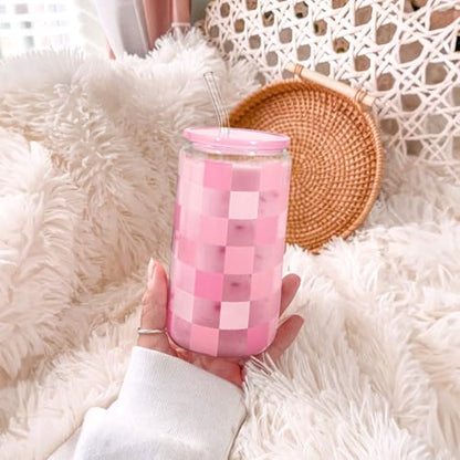 SANDJEST Checker 16 Oz Can Glass Tumbler with Acrylic Lid and Straw - Iced Coffee Cups for Women, Aesthetic Glass Cup Gift for Birthday Christmas - color: Checker 2