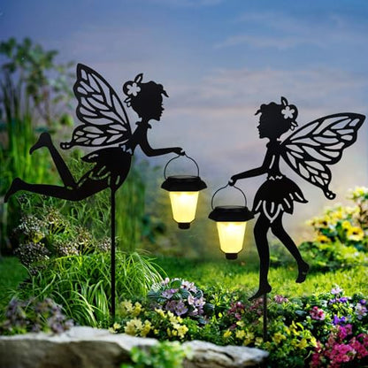 SUNNYPARK 2 Pack Solar Fairy Garden Metal Stake Decorative Lantern - size: Fairy1