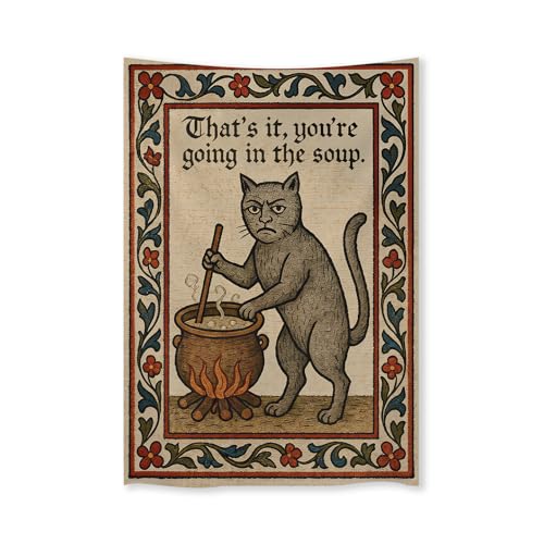 FoxUncle Weird Medieval Cat Tapestry Vintage Medieval Cat Aesthetic Wall Art Funny Quirky Animal Wall Decor 60 x 90 inches Home Decor for Living Room Hallway Bedroom - color: White, size: 90"L x 60"W