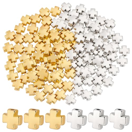 PH PandaHall 120PCS Easter Cross Beads, 2 Colors Antique Cross Holy Spacer Beads Charms Metal Loose Bead for DIY Craft Jewelry Making Handmade Bracelets, 8x7.5x3.8mm, Silver and Golden