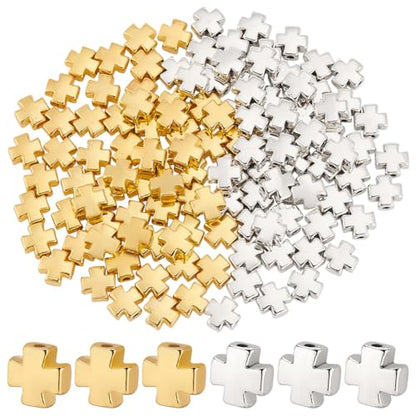 PH PandaHall 120PCS Easter Cross Beads, 2 Colors Antique Cross Holy Spacer Beads Charms Metal Loose Bead for DIY Craft Jewelry Making Handmade Bracelets, 8x7.5x3.8mm, Silver and Golden