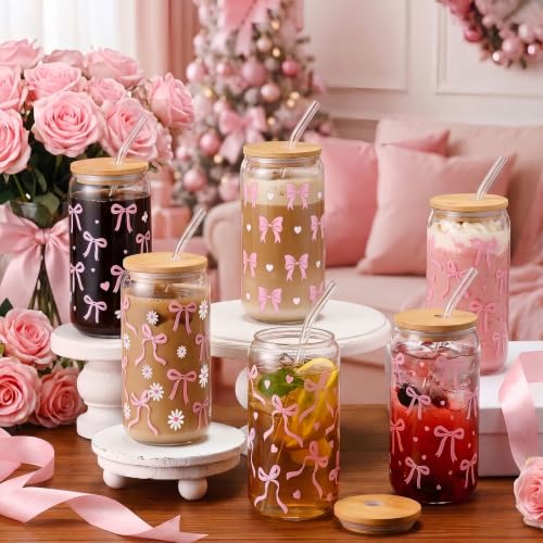 Drinking Cups with Lids, 12Pack, Glass, 16oz, Iced Coffee Coquette - style: 12Pcs Pink Bow