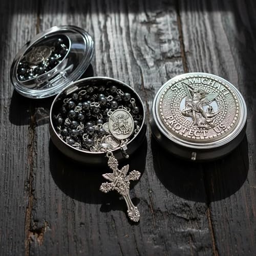 Nazareth Store St Michael Rosary Hematite Stone Beads Necklace Metal Beaded Glory Beads Archangel Medal & Cross with Metal Gift Box - color: Silver | St.Michael Cross