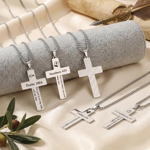Ecally 8 Pcs Christian Cross Necklace for Men Father Religious Black Silver Stainless Steel Cross Church Gift USA Flag Chain - color: Silver