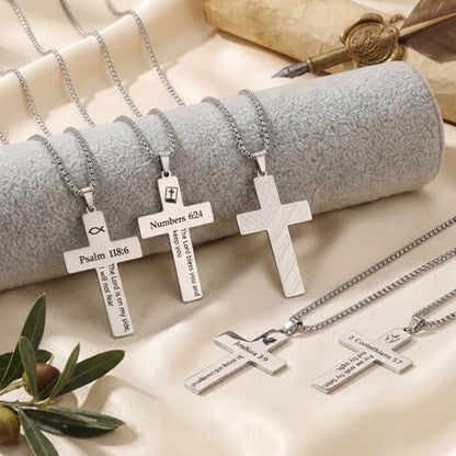Ecally 8 Pcs Christian Cross Necklace for Men Father Religious Black Silver Stainless Steel Cross Church Gift USA Flag Chain - color: Silver