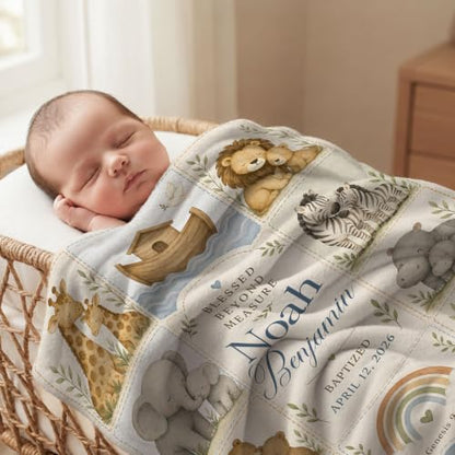 Personalized Noahs Ark Baby Blanket, Custom Baptism Baby Blanket - color: Beige #1