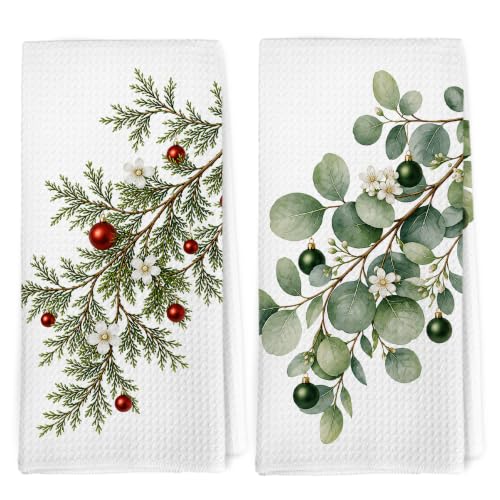 Dibor Green Christmas Eucalyptus Kitchen Towels Dishcloth 16x24 Set of 2 - color: Christmas12