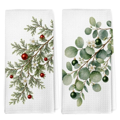 Dibor Green Christmas Eucalyptus Kitchen Towels Dishcloth 16x24 Set of 2 - color: Christmas12