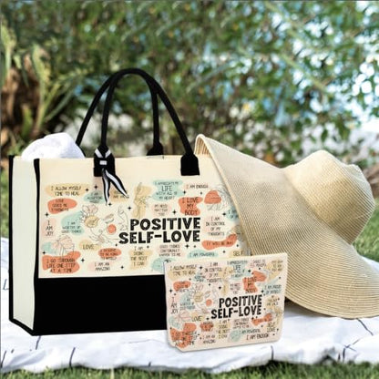 jeilink Inspirational Religious Gifts Boss Mom Birthday Christmas Tote Bag Canvas Reusable Grocery Beach Tote Black Pink - color: Positive Self Love 1714