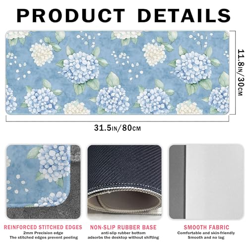 Hydrangea Desk Mat, Blue and White Flroal Mouse Pad, 31.5x11.8 - color: Hydrangea Blue and White, size: 31.5L x 11.8W inches