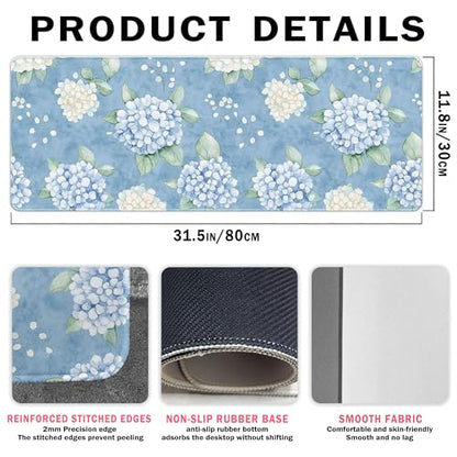 Hydrangea Desk Mat, Blue and White Flroal Mouse Pad, 31.5x11.8 - color: Hydrangea Blue and White, size: 31.5L x 11.8W inches