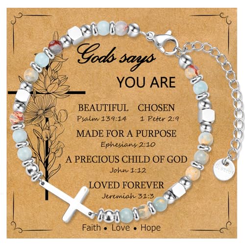 Christian Cross Bracelet for Women Girls, Adjustable Stainless Steel Beaded Cross Bracelets, First Communion Confirmation Easter Religious Bapstim Natural Gemstone Jesus Bracelet Gifts for Her - style: God Says