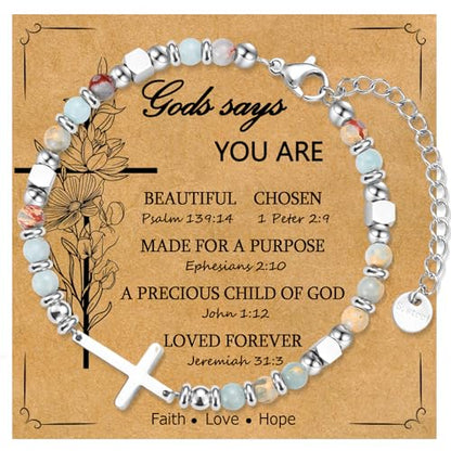 Christian Cross Bracelet for Women Girls, Adjustable Stainless Steel Beaded Cross Bracelets, First Communion Confirmation Easter Religious Bapstim Natural Gemstone Jesus Bracelet Gifts for Her - style: God Says