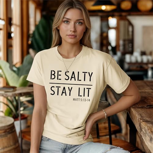 BINTEHGS Christian Graphic Tees for Women Be Salty Stay Lit Shirts Funny Bible Verse Shirt Religious Faith Tshirts Clothing - color: Apricot, size: Large