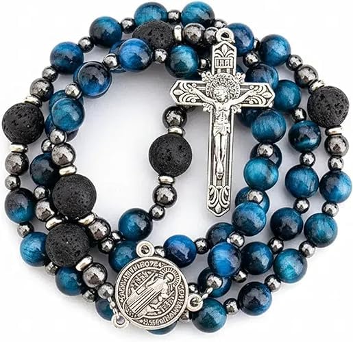Nazareth Store Blue Tiger Eye Rosary Beads, Handmade Catholic Rosary Necklace with Lava Stone Beads and Our Father Crucifix, Five Decade Prayer Rosary, Religious Gift - style: St. Benedict