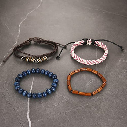 HZMAN Handmade Hemp Cords Wood Beads Leather Bracelets for Men Women - style: Hand-made 4 MIX