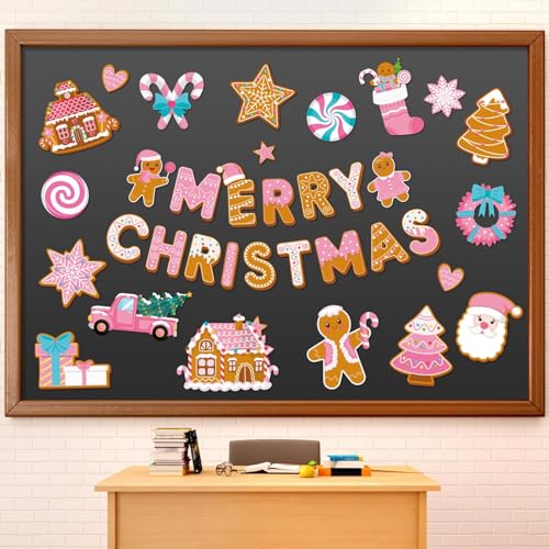 Kosiz 54 Pcs Merry Christmas Bulletin Board Pink Gingerbread Cutouts Decor - style: Merry Christmas