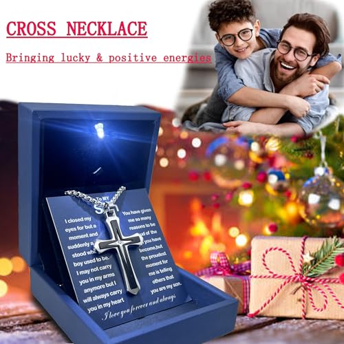 MGOOL Son Gifts From Mom To My Son Necklace From Dad Faith Cross Necklace Present Graduation Birthday Gifts Message Card＆LED Gift Box - color: SN928 Silver-black Led Box