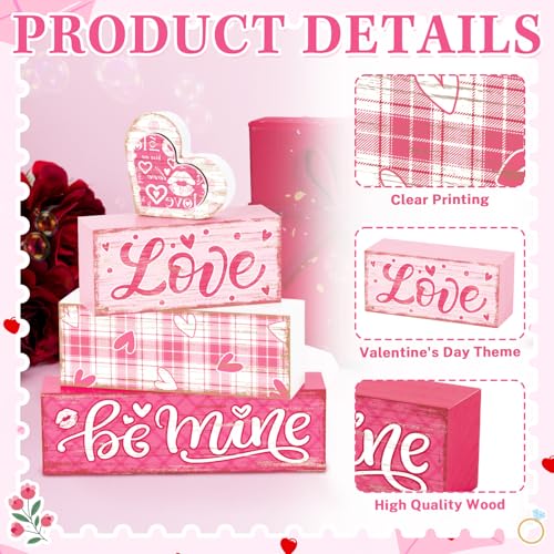 Britimes Tiered Tray Decor Set, 4 Pack, Wooden Table Sign, Valentine Plaid - style: Pink Love Plaid