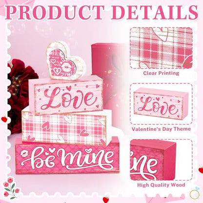 Britimes Tiered Tray Decor Set, 4 Pack, Wooden Table Sign, Valentine Plaid - style: Pink Love Plaid