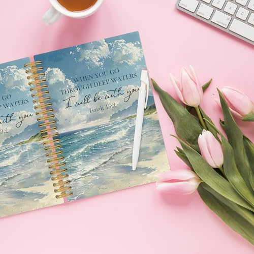 Ocean Christian Spiral Notebook, Coastal Bible Journaling Notebooks for Women Men, Religious Beach Hardcover Journals for Office 160 Pages 5.5 x 8.3 Inch, Scripture Gifts for Women Faith - color: Scenery03