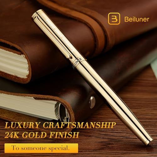 BEILUNER Luxury Personalized Gold Rollerball Pen, Stunning 24K Gold Finish, Noble and Elegant Designs,Schneider Refill, Fancy Gift Set for Men & Women, Executive Writing, Office, Nice Graduation Gift - color: Gold (Personalized)