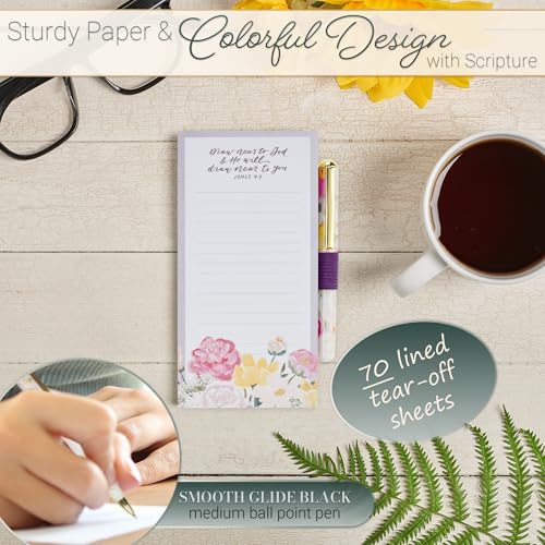 Christian Art Gifts Magnetic Notepad & Pen Set for Women, Draw Near to God - color: Purple & Pink Floral/Draw Near