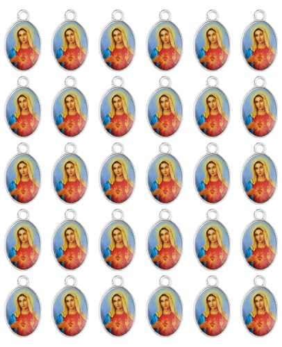 COTTVOTT Saint Therese of Lisieux/Saint Mother Teresa of Calcutta/Divine Mercy Jesus/Mater Dolorosa Patron Saint Medal Charm Pendant for DIY Rosary Necklace Bracelet Jewelry Making Part - color: 30pcs-Enamel Heart of Jesus&Mary
